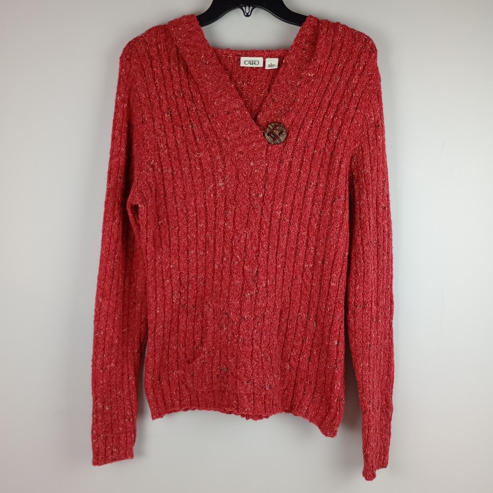 Cato Womens L Red Marled Cable Knit Vneck Button Hooded Pullover Sweater